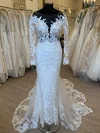 Sheath/Column Illusion Lace Tulle Court Train Wedding Dress With Appliques Lace #UKM00028430