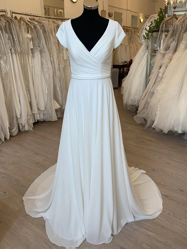 A-line V-neck Chiffon Sweep Train Wedding Dress With Ruched #UKM00028432