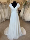 A-line V-neck Chiffon Sweep Train Wedding Dress With Ruched #UKM00028432