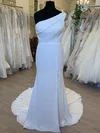 Sheath/Column One Shoulder Chiffon Sweep Train Wedding Dress With Split Front #UKM00028433