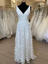 A-line V-neck Stretch Crepe Sweep Train Wedding Dress With Appliques Lace #UKM00028435