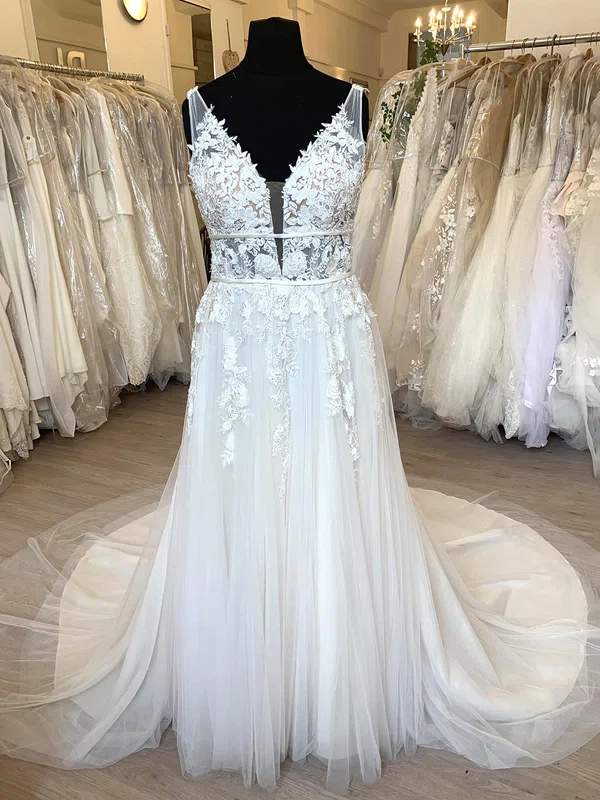 A-line V-neck Tulle Court Train Wedding Dress With Appliques Lace #UKM00028438