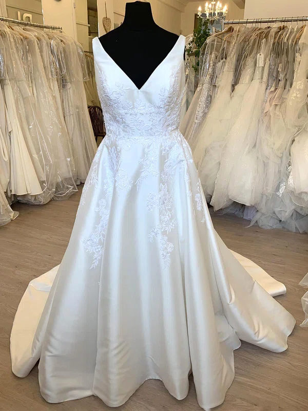 Ball Gown/Princess V-neck Satin Sweep Train Wedding Dress With Embroidered #UKM00028439