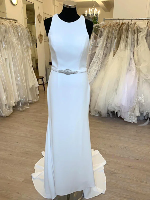 Sheath/Column Scoop Neck Satin Chiffon Sweep Train Wedding Dress With Beading #UKM00028441