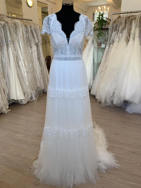 A-line V-neck Tulle Sweep Train Wedding Dress With Appliques Lace #UKM00028442
