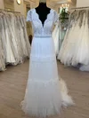 A-line V-neck Tulle Sweep Train Wedding Dress With Appliques Lace #UKM00028442