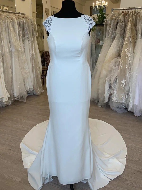 Sheath/Column Scoop Neck Satin Chiffon Sweep Train Wedding Dress With Appliques Lace #UKM00028443