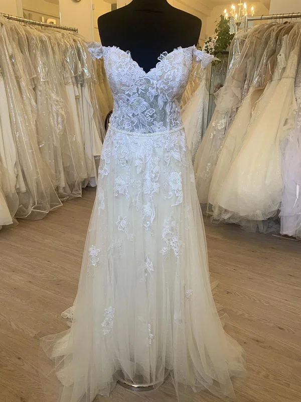 A-line Off-the-shoulder Tulle Sweep Train Wedding Dress With Appliques Lace #UKM00028444