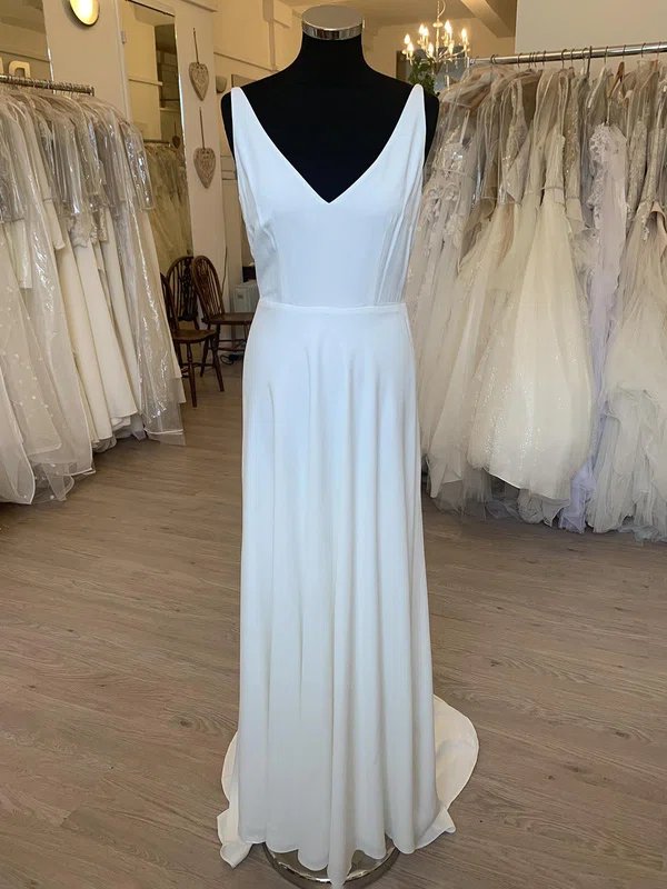A-line V-neck Chiffon Sweep Train Wedding Dress #UKM00028445