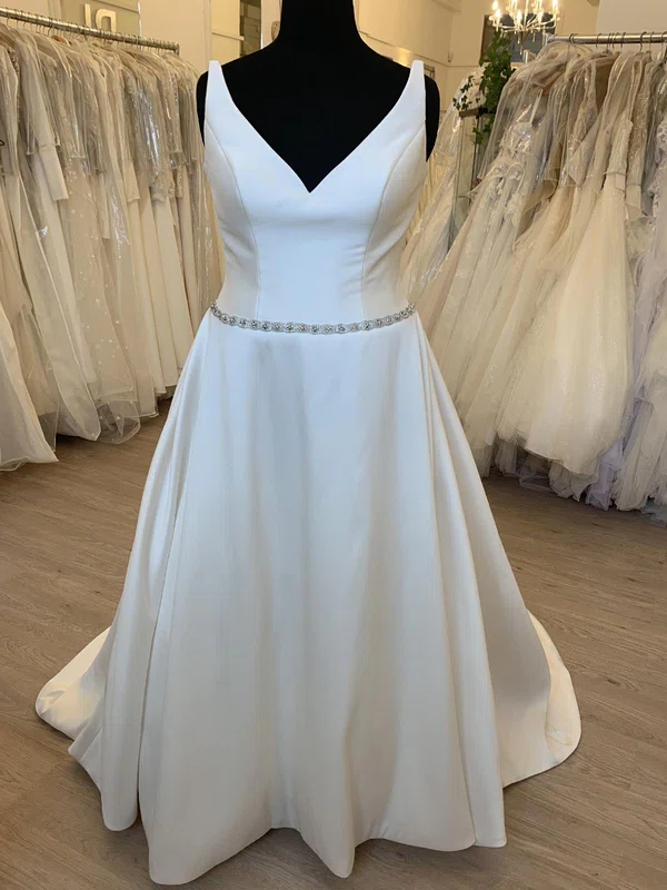 Ball Gown/Princess V-neck Satin Sweep Train Wedding Dress With Beading #UKM00028447