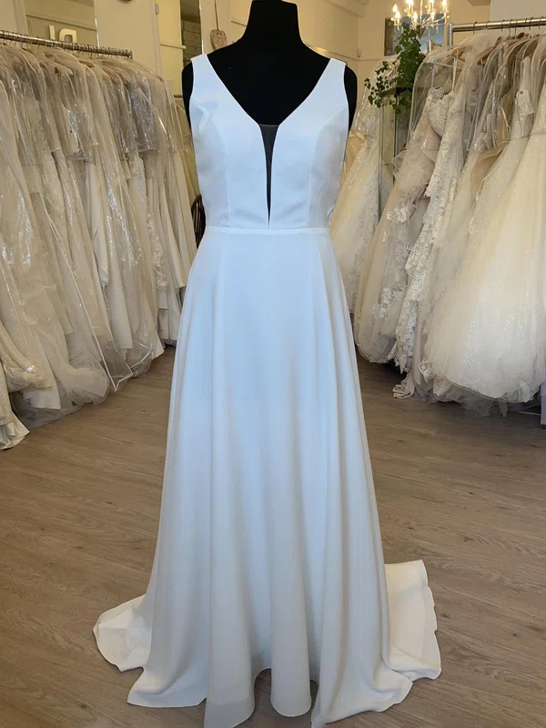 A-line V-neck Chiffon Sweep Train Wedding Dress #UKM00028450