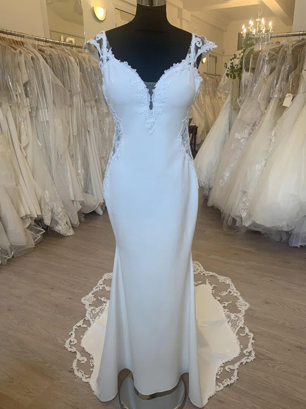 Trumpet/Mermaid V-neck Stretch Crepe Sweep Train Wedding Dress With Appliques Lace #UKM00028452
