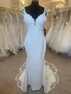 Trumpet/Mermaid V-neck Stretch Crepe Sweep Train Wedding Dress With Appliques Lace #UKM00028452