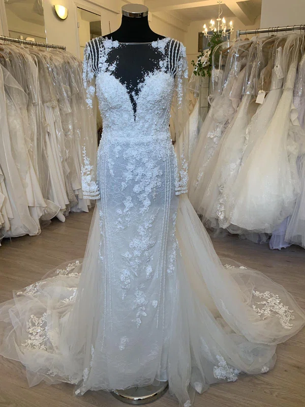 Sheath/Column Illusion Tulle Watteau Train Wedding Dress With Appliques Lace #UKM00028458