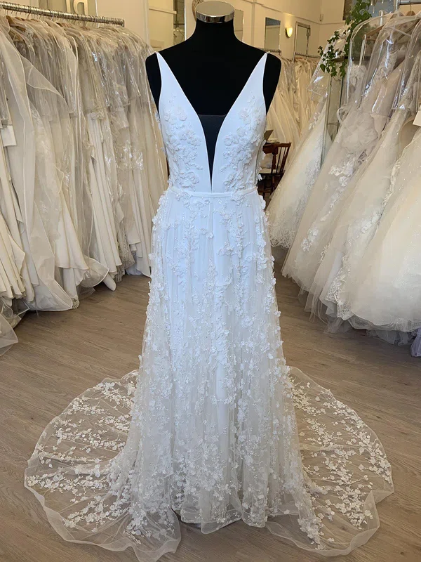 A-line V-neck Tulle Court Train Wedding Dress With Appliques Lace #UKM00028461