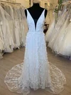 A-line V-neck Tulle Court Train Wedding Dress With Appliques Lace #UKM00028461
