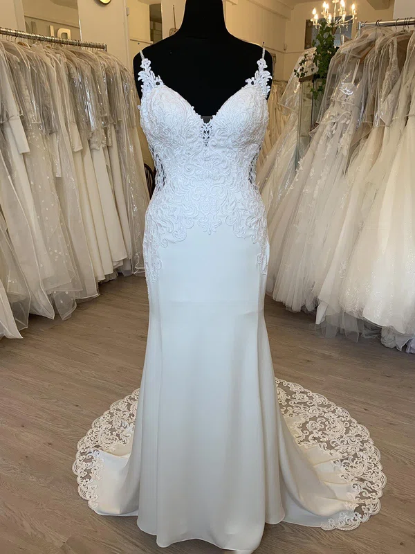 Sheath/Column V-neck Satin Sweep Train Wedding Dress With Beading #UKM00028462