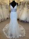 Trumpet/Mermaid V-neck Tulle Court Train Wedding Dress With Appliques Lace #UKM00028463