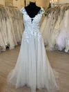A-line V-neck Tulle Sweep Train Wedding Dress With Appliques Lace #UKM00028464