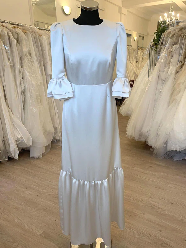 A-line Scoop Neck Satin Tea-length Wedding Dress With Ruffles #UKM00028466