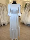 A-line Scoop Neck Satin Tea-length Wedding Dress With Ruffles #UKM00028466