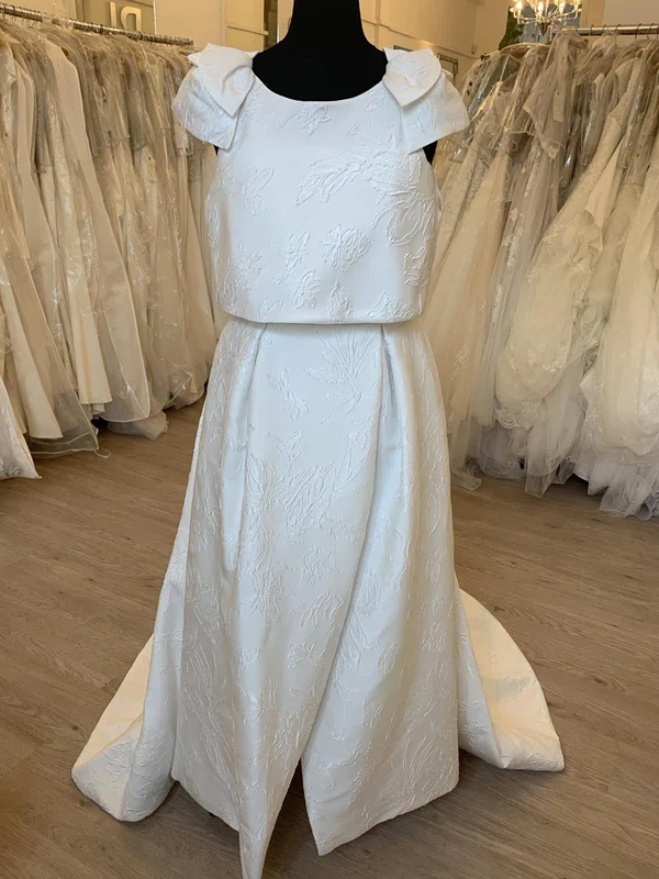 Ball Gown/Princess Scoop Neck Satin Sweep Train Wedding Dress With Ruched #UKM00028468