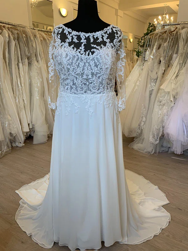 A-line Illusion Chiffon Sweep Train Wedding Dress With Appliques Lace #UKM00028470