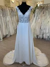 Sheath/Column V-neck Chiffon Sweep Train Wedding Dress With Appliques Lace #UKM00028472