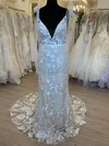 Sheath/Column V-neck Tulle Sweep Train Wedding Dress With Flower(s) #UKM00028474