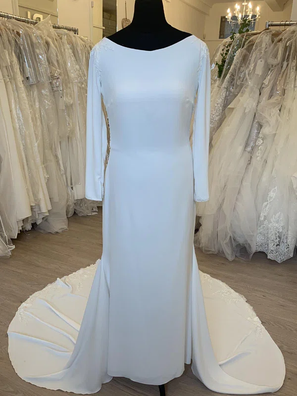 Sheath/Column Scoop Neck Stretch Crepe Court Train Wedding Dress With Appliques Lace #UKM00028477