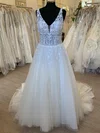 Ball Gown/Princess V-neck Glitter Sweep Train Wedding Dress With Appliques Lace #UKM00028481