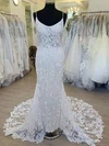 Sheath/Column Scoop Neck Tulle Lace Court Train Wedding Dress With Appliques Lace #UKM00028482