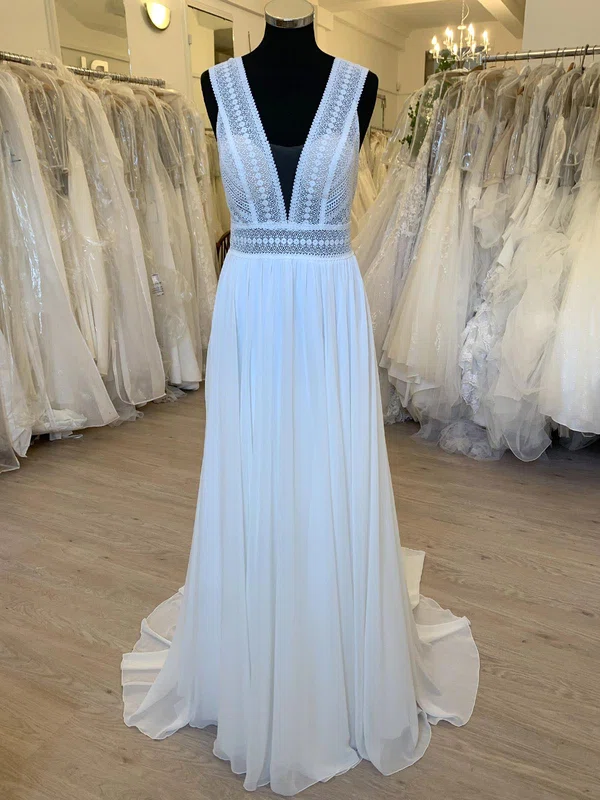 A-line V-neck Chiffon Sweep Train Wedding Dress With Ruched #UKM00028483