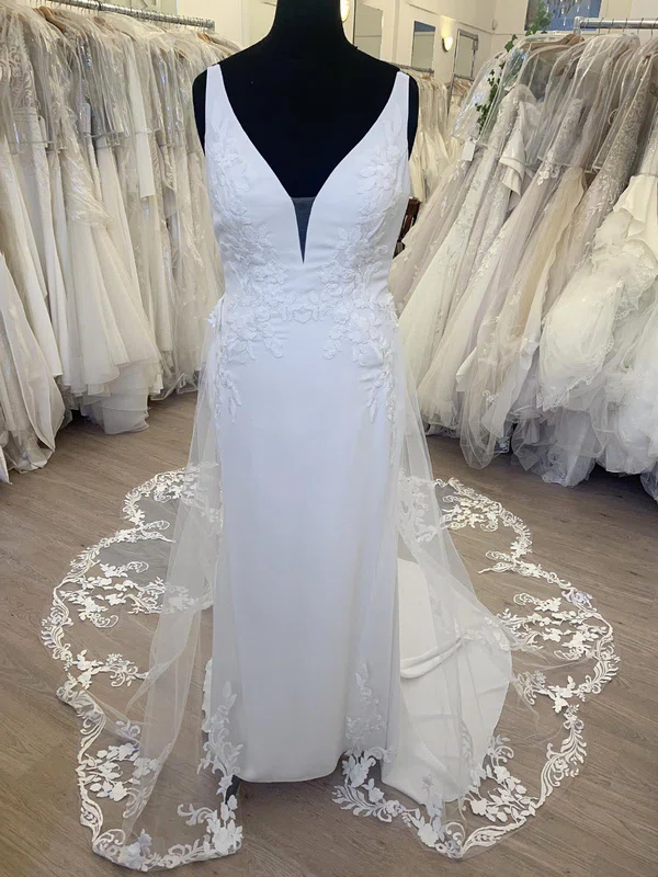 Sheath/Column V-neck Tulle Stretch Crepe Court Train Wedding Dress With Appliques Lace #UKM00028486