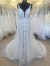 A-line V-neck Tulle Court Train Wedding Dress With Beading #UKM00028488