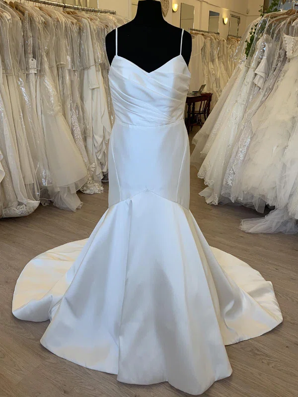 Trumpet/Mermaid V-neck Satin Court Train Wedding Dress With Ruched #UKM00028489