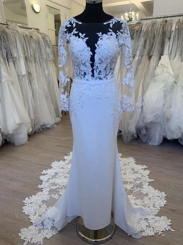 Sheath/Column Illusion Stretch Crepe Court Train Wedding Dress With Appliques Lace #UKM00028490