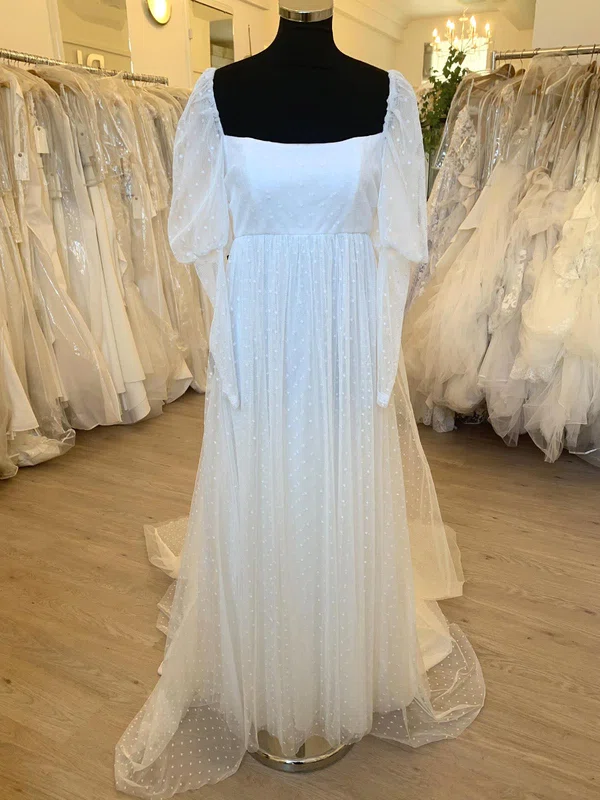Ball Gown/Princess Square Neckline Tulle Sweep Train Wedding Dress With Ruched #UKM00028491