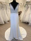Sheath/Column V-neck Satin Court Train Wedding Dress With Beading #UKM00028493