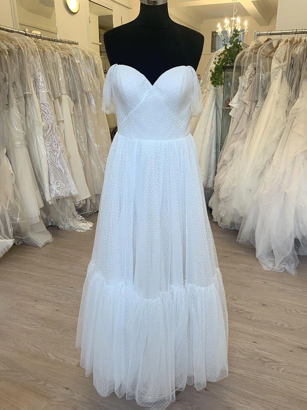 A-line Off-the-shoulder Tulle Floor-length Wedding Dress With Ruched #UKM00028495