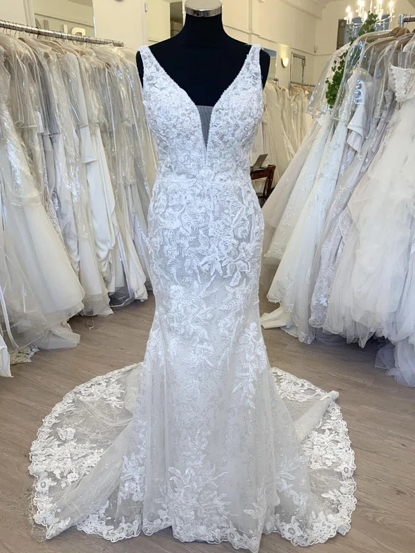 Trumpet/Mermaid V-neck Glitter Lace Sweep Train Wedding Dress With Appliques Lace #UKM00028499