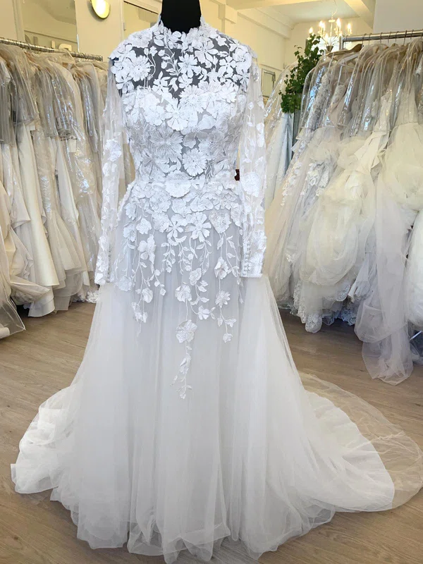 A-line High Neck Tulle Sweep Train Wedding Dress With Appliques Lace #UKM00028500