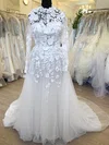A-line High Neck Tulle Sweep Train Wedding Dress With Appliques Lace #UKM00028500