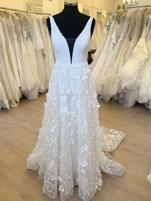 A-line V-neck Tulle Sweep Train Wedding Dress With Appliques Lace #UKM00028502
