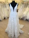 A-line V-neck Tulle Sweep Train Wedding Dress With Appliques Lace #UKM00028502