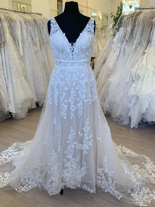 A-line V-neck Tulle Sweep Train Wedding Dress With Appliques Lace #UKM00028504
