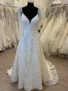 Ball Gown/Princess V-neck Tulle Sweep Train Wedding Dress With Appliques Lace #UKM00028505