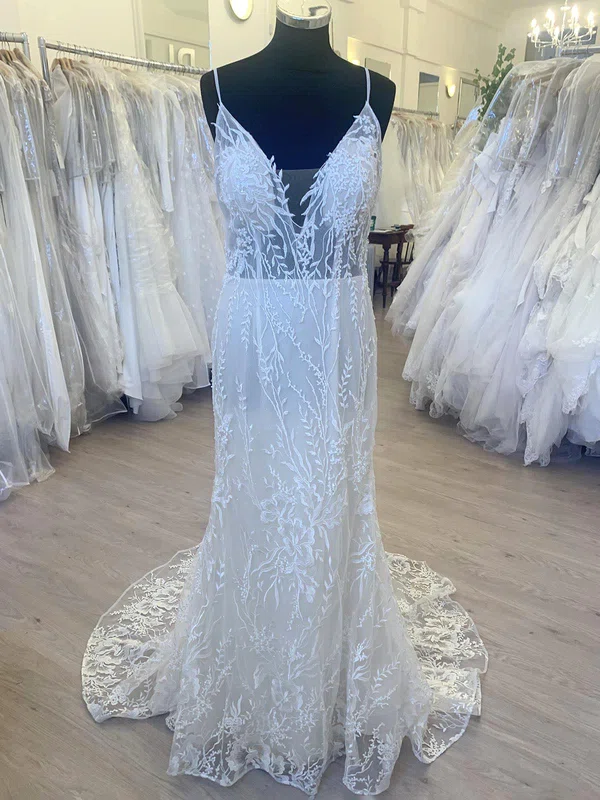 Trumpet/Mermaid V-neck Glitter Lace Sweep Train Wedding Dress With Appliques Lace #UKM00028506