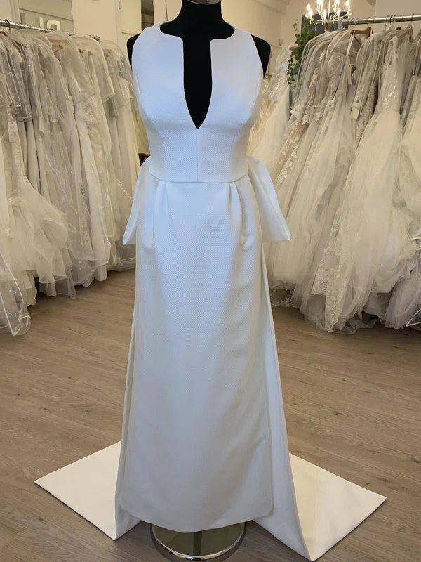 Sheath/Column V-neck Satin Sweep Train Wedding Dress #UKM00028509