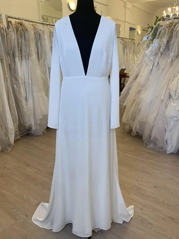 Sheath/Column V-neck Chiffon Sweep Train Wedding Dress #UKM00028510